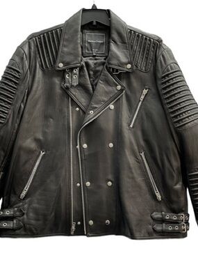Mens Black Quilted Leather Biker Jacket with Snap Details